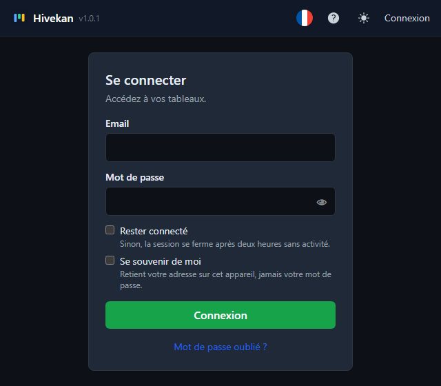L'écran de connexion de Hivekan, avec les champs Email et Mot de passe et les cases Rester connecté et Se souvenir de moi