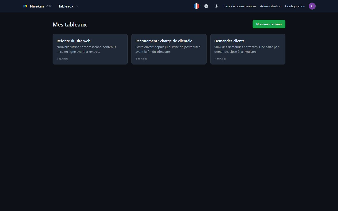 La page Mes tableaux, avec trois tableaux et le bouton Nouveau tableau