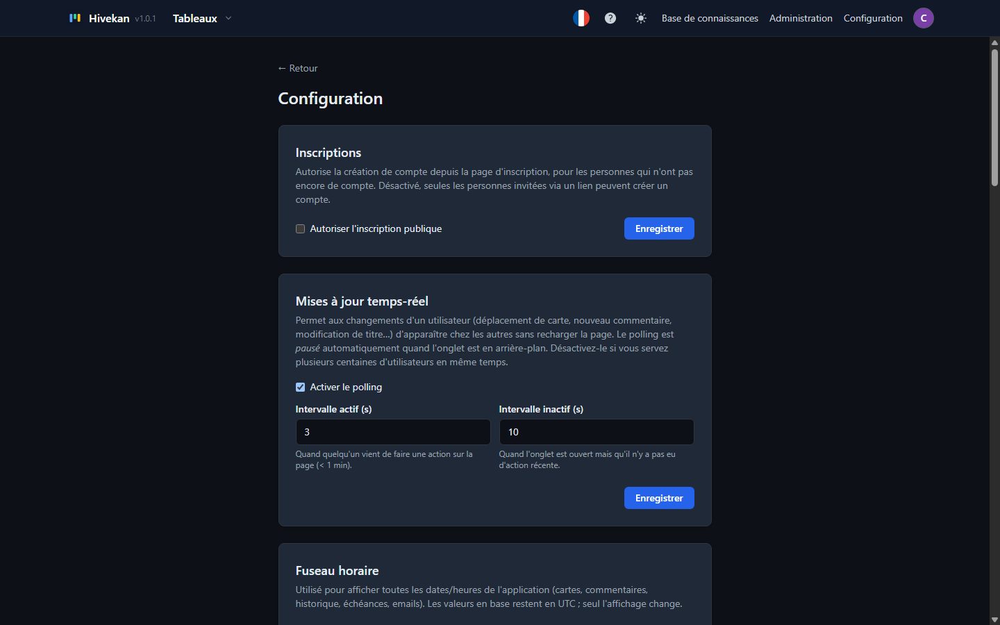La page Configuration, réservée au Superadmin